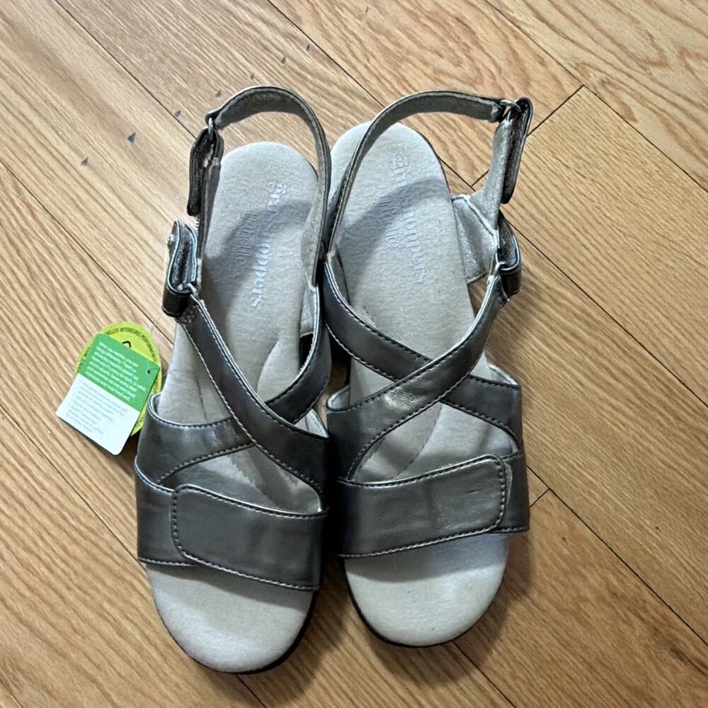 Grasshopper Women’s Gray Leather Strappy Wedge Sandals Buckle Cushioned US 8M